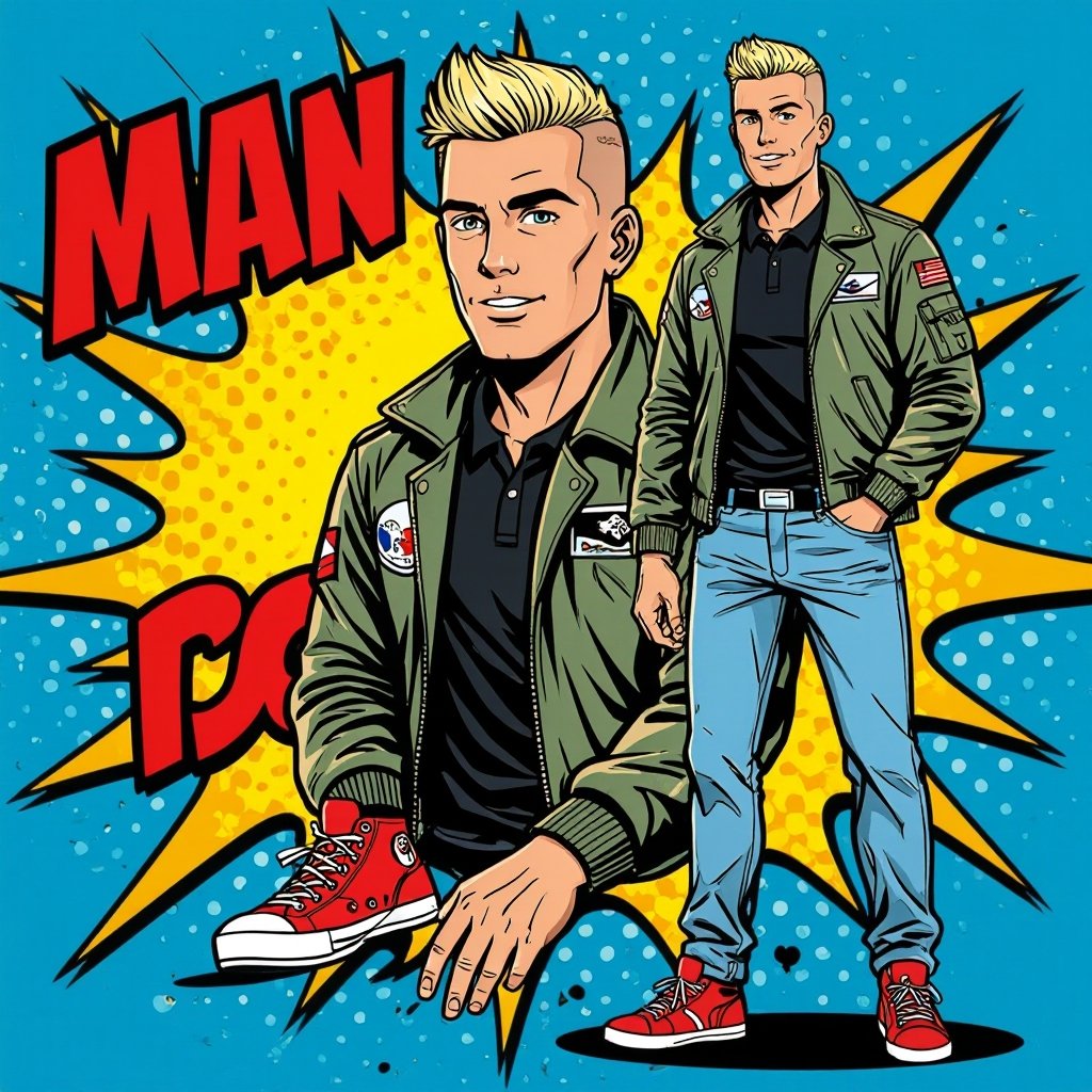 man with Platinum Blonde Military Buzzcut Hair.  Astronaut Flight Jacket Black And White Polo and Light blue denim jeans with red sneakers
