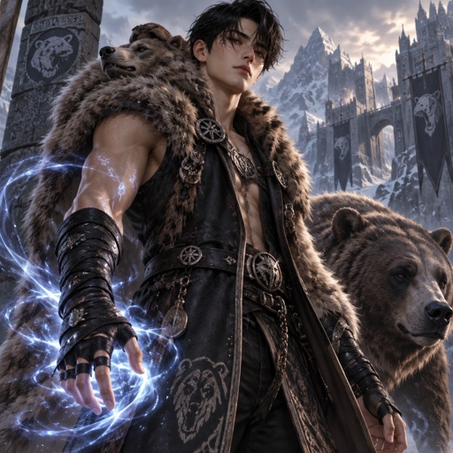 Teenager korean and scandinavia mixed boy with black hair wearing a bear style sleeveless trench coat with black leather wrapping on his hands