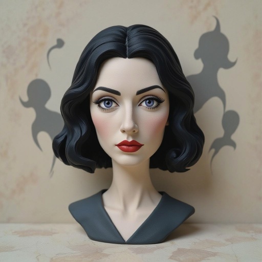 Show her entire body. Create mysterious woman jet-black hair is cut sharp to her jawline, and her violet eyes seem to pierce through darkness. A shadowy aura clings to her form, faint shapes shifting and flickering behind her like whispers of another realm. Show whole body head to toe