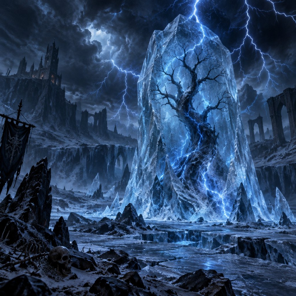 blue lightning storm in a ice waste land, lightning tree trapped in ice