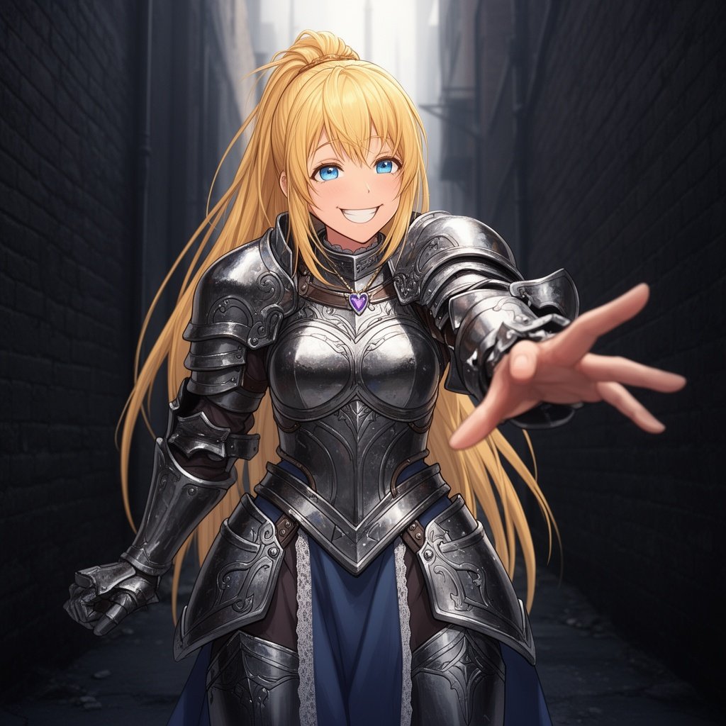 A beautiful girl with long golden hair tied up in a pony tail wearing heavy armour she has peachy skin and nice blue eyes. She has a massive smile on her face with a heart pendant hanging from her neck. She is in a dark alleyway offering a hand to the camera looking down as if the camera is on the floor looking up.