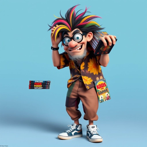 create a guy name bootleg who sellers dvd’s for movies that are fake dvds. Make him funny looking. And make sure the image shows him head to toe like his whole outfit 