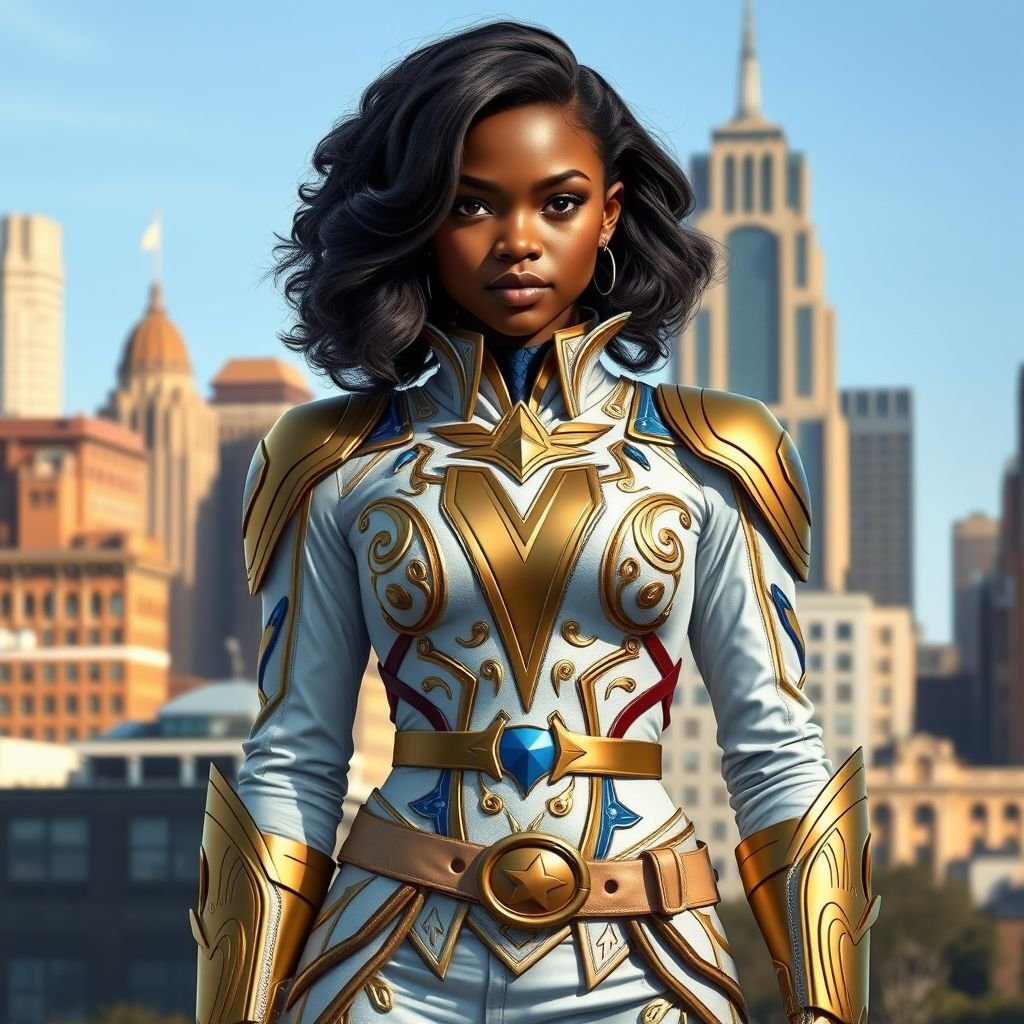 A teenage African American female superhero with slightly curly hair in a shoulder length side part style  wearing a slightly medieval white and Gold suit with blue accents and a stylized V as her chest emblem a utility belt and gold boots standing in Philadelphia  