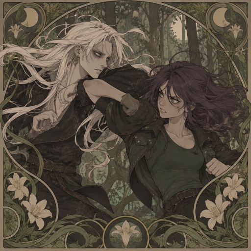 Anime style, male, name kai,highly skilled in fighting all fighting styles and weapons, long white hair half in face ,dark bags,white skin,earrings, history unknown,Female, name is Beth,medium wavy dark purple hair, gray eyes, short, open jacket with a dark green shirt, she is a Bounty Hunter for hire, there fighting in the woods