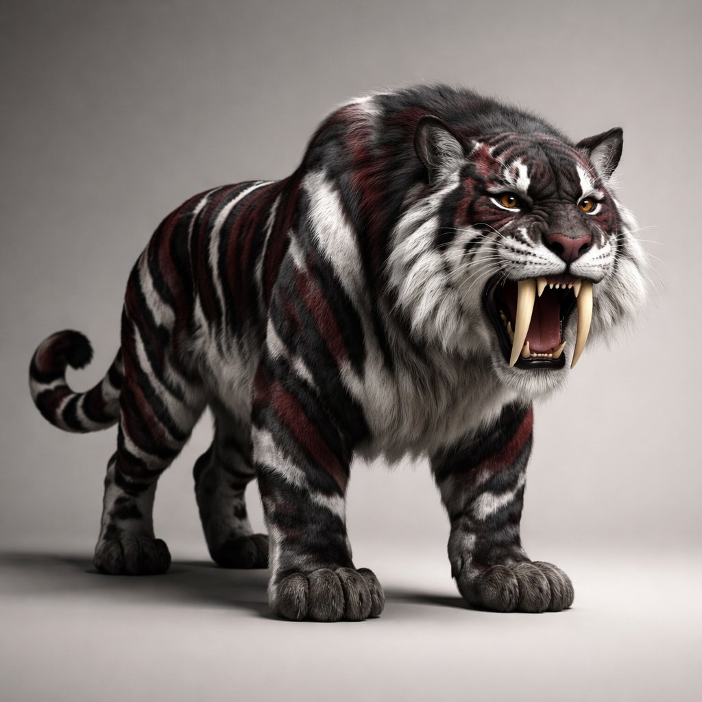 A black white grey and maroon saber tooth tiger