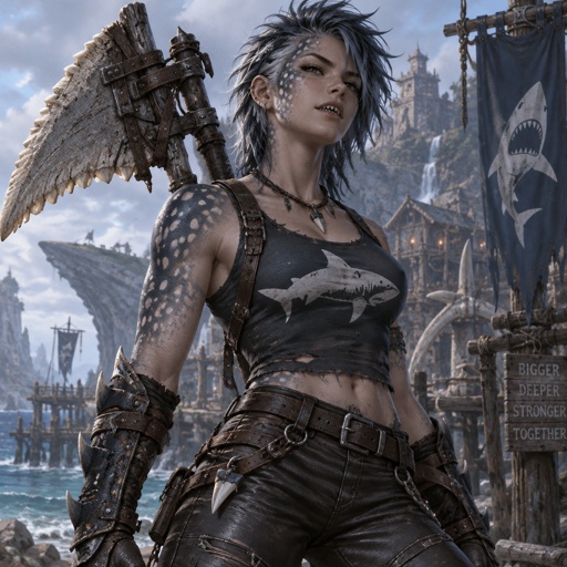 Her name is Megalodon, she is was a whale shark transformed into a warrior, her skin is the color of a shark, one side of her face has the spots of a whale shark, she is a young woman with spike hair, she has leather jeans and a tank top with a shark symbol on it. She has a giant axe, that is from the tooth of a giant  Megalodon shark, she carry it on her back. She   sharp teeth.         