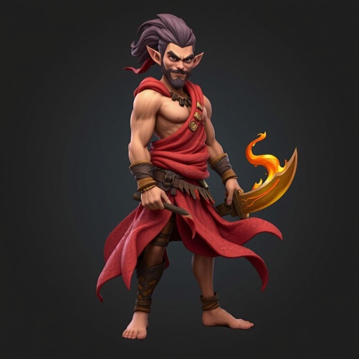 Create handsome hero Rhen the Fire – A lean, muscular man. He wears layered, flowing desert robes dyed in warm reds and golds, with scorch marks where flames have licked them. A curved blade hangs at his hip. Show whole body head to toe including her shoes.