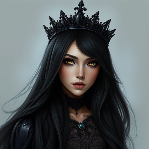 Beautiful woman with black hair and amber eyes dressed in a gothic gown wearing a black crown