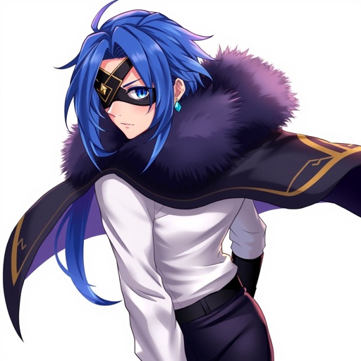 Young Asian man in very early 20’s. Royal blue hair and lighter blue streaks with a lock of hair resting on his left side of his chest. A black eyepatch with gold trim covering his right eye. A periwinkle eye with a diamond-shaped pupil. A half cape with distinctive fur collar, adding a touch of luxury and warmth. His shirt is a white, collared blouse with a noticeable neckline, giving a sense of sophistication and a hint of boldness. Also with dark, form-fitting trousers that emphasise his physique. He also has a blue earring on his left ear, and knee-length boots that complete the ensemble, adding to the overall elegant aesthetic