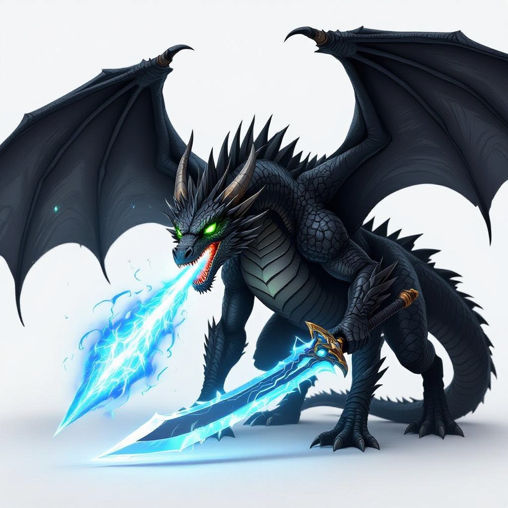 A black dragon with green eyes and black spikes along its back with blue fire coming out of its mouth.holding an electric sword 