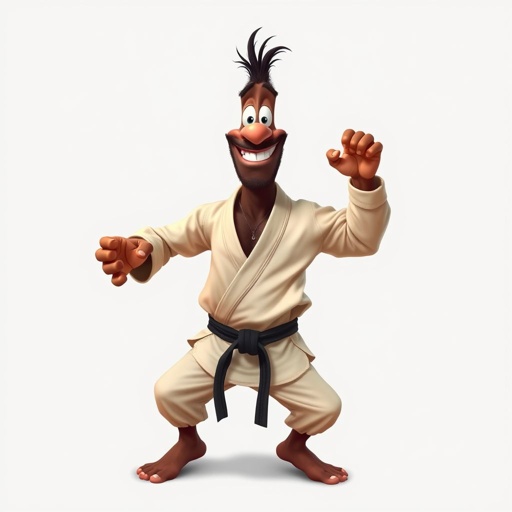 Create a character who looks like a funny African karate guy who doesn’t have a clue what he is doing. Make him have weird toes, only speedos on and a black karate belt.