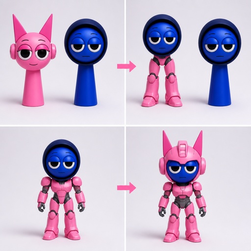 Pinki from Sprunki as Elita One merging her legs onto Jevin from Sprunki and then her arms and then her Body and lastly her head and helmet