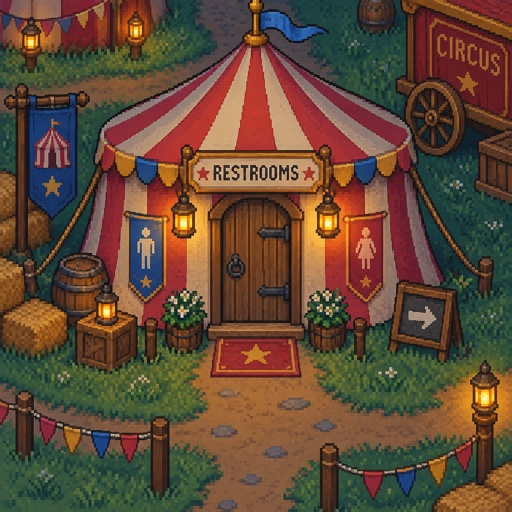 Cozy restrooms for a circus for a modern fantasy game, exterior, top down style