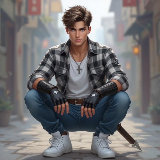 A 20 year old guy with grey eyes, short light brown hair styled in a loose undercut modern curtain, wearing white airforce shoes, white socks, a white under shirt with a grey, black, and white plaid shirt with blue jeans, hands are black open fingered gloves, cross necklace