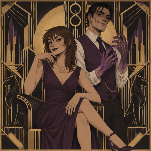 Female, slim, straight brown neck length wolf cut hair ears completely covered by hair, freckles, dimples, long eyeliner, upturned nose, knee length purple dress off the shoulders, jewelry, necklace infinity symbol, heels, wedding ring, smirk, no cleavage showing, Male, slim, black messy hair, back hair, brushed side hair, scar on upper and lower lip, ear piercing ring, mid 40s, glowing purple hands, purple glowing veins, purple vest, white shirt, wedding ring, clean shaven, smile, both are evil