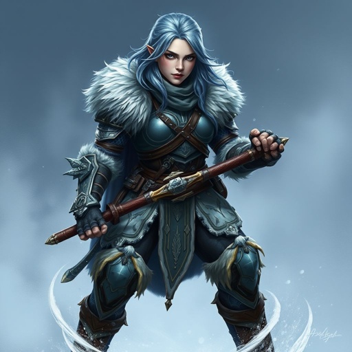 Create a battle woman hero called Alvara the Frostheart. Show full body head to toe including shoes