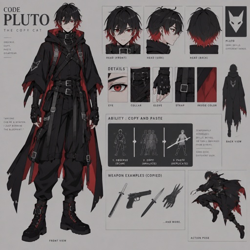 shadow assassin name code pluto the copy cat, copy and paste ability, black hair red on the inside