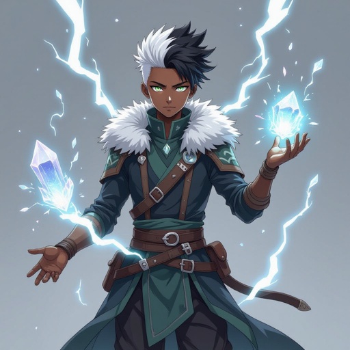 A full body picture of a 15 year old black male with a white undercut and green eyes. Give him a gray mage/assassin outfit with fur. Have him floating surrounded by lightning bolts. Give him a crystal that floats from his upside down left hand 