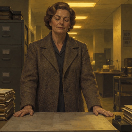Mid-fifties woman, hair kept neat. Coat already on. Hands flat on a board as if it might move. Smile that is not for the room. Looks like someone you would hand a form. Office face only. Windowless sodium-lit floor. Fortiche painted, real cloth, closed eyes that have already counted.