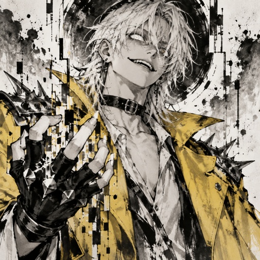 Male, wolf cut white hair, smooth on top, neck length, white eyes, yellow trench coat, metal spike shoulder pads, black choker, low cut white shirt, fingerless gloves with spikes, insane smile, glitch powers