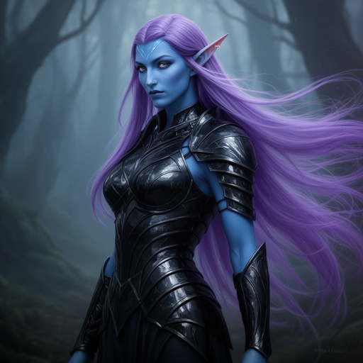 blue skin elf with purple hair and black armor