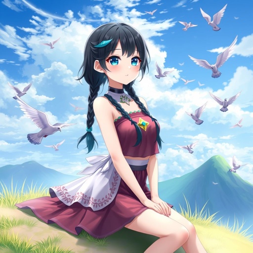 A young female with fair skin and vibrant teal eyes. Black hair with cyan tips in the form of two short braids. Wearing a goddess two-piece outfit (top and trousers) sitting on a hill watching pigeons fly from a very far distance