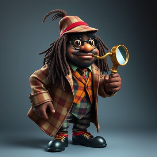 Create a funny fat character similar to Sherlock Holmes, but make him of black decent and with dread locks. Show his whole outfit including his shoes.