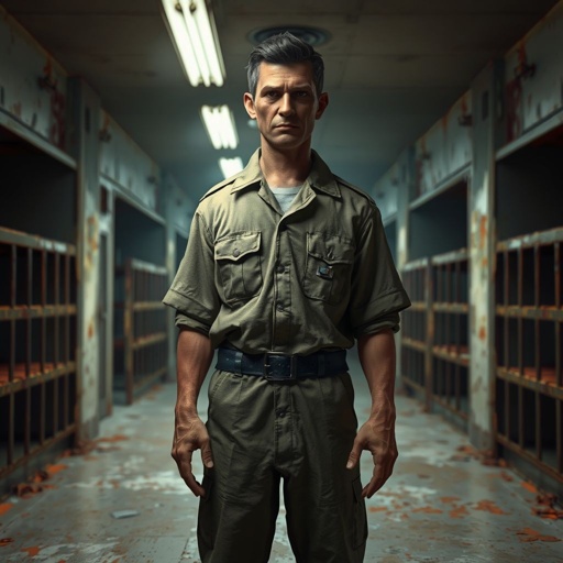 Create this background hall inside was dim, paint peeling in sheets. A metal door led to the cell block.  Six cells, all empty. A cracked toilet in each. Rusty bunks, stale air, dust everywhere. No character just background 