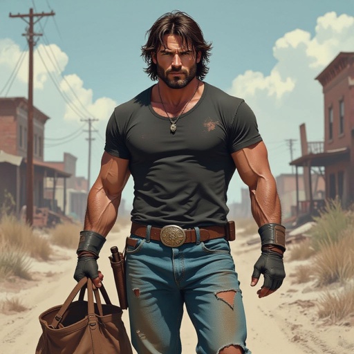 Male. 35 years old. A wrestler in the 1980’s. Cowboy boots peak out from underneath levy blue jeans. Brown belt. Black t-shirt. Brunette. Shoulder length, wavy hair. Short beard. Looks tough. Has lived a rough life. Hitchhiking. Drugs. Alcohol. Parties. Big and muscular. 