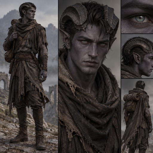 Tiefling  - Raggedly clothed, lone nomad, dark grey skin with dull violet tones - eyes grey/green flecked with blue - appx. 6'1" lean and muscular - horns are similar to a young ram but tight against the head and almost forming a helm in appearance - no tail -