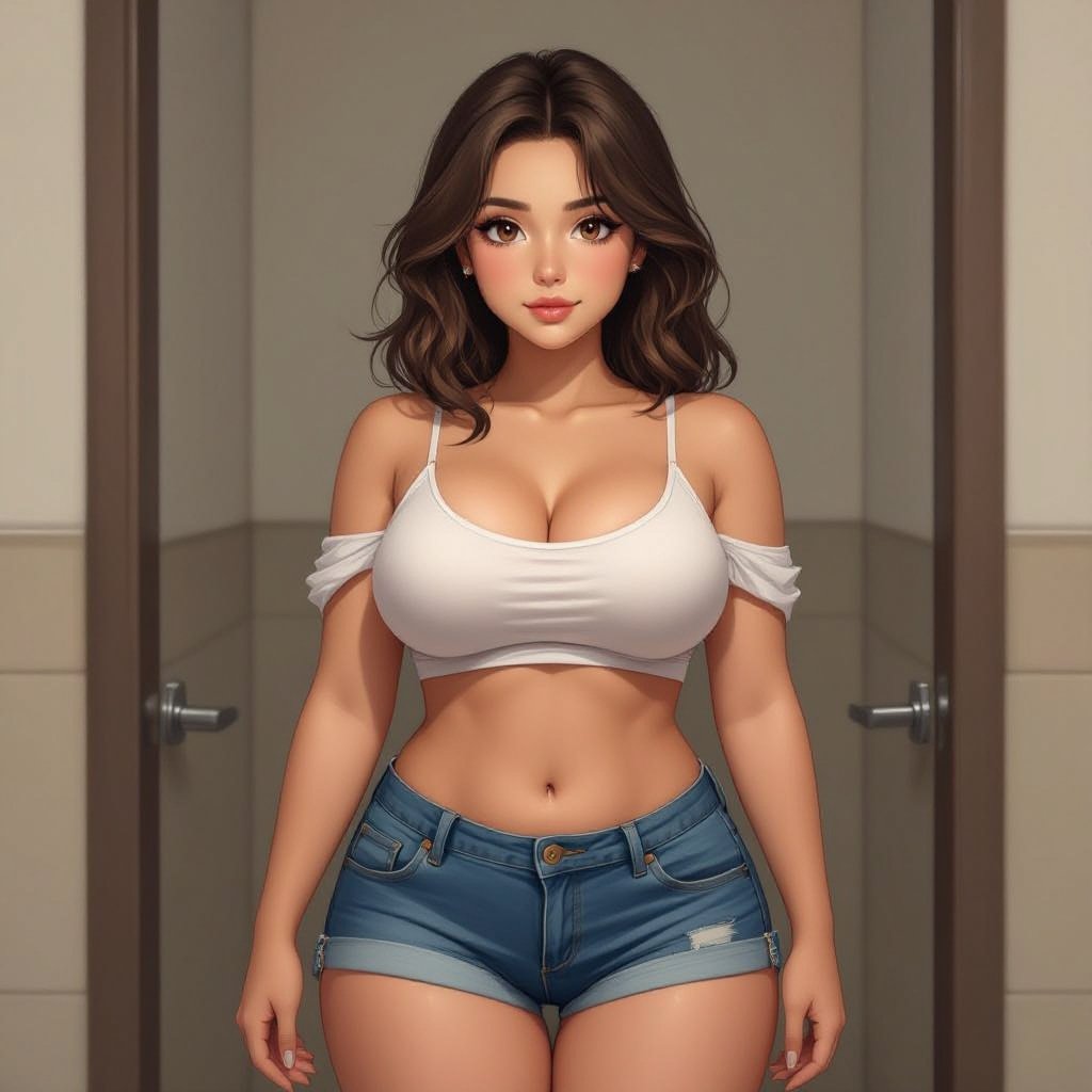 Tanned skin, brown hair, fuller bust, medium stomach chubby thick thighs in tight short shorts, trying to find a bathroom to pee