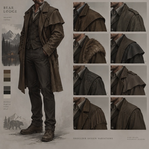 Full body, with multiple variations of Shoulder of a coat and a voice only. No full face. Forty-five in the Bear Lodge memory. Design so a shoulder is enough. Not the 1965 man in the dark coat. Fortiche painted, partial.