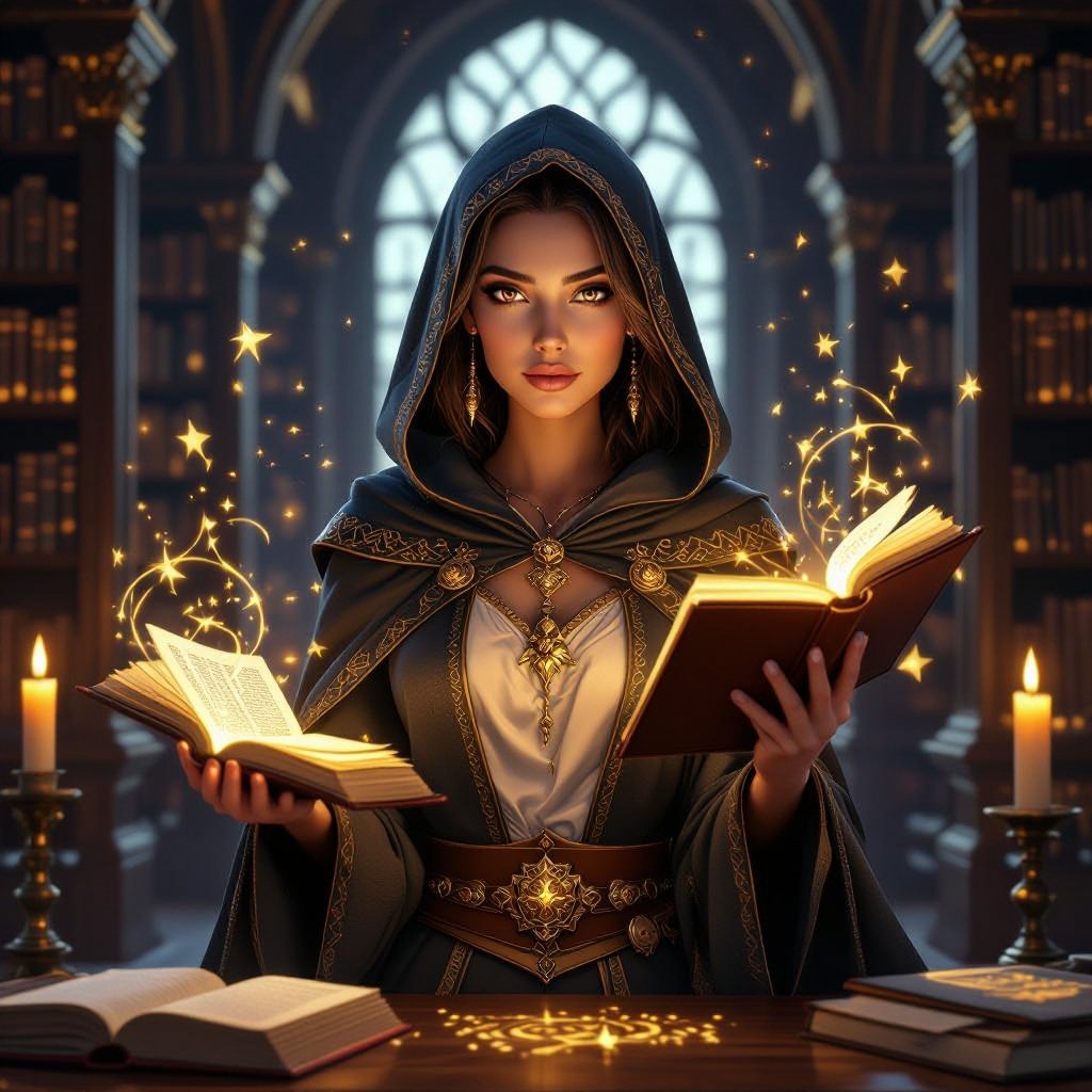 A semi-realistic, fantasy-parody portrait of Mythanna Junedae, the High Elf Wizard of Abjuration known as The Enigmatic Librarian.  Scene & Lighting Set within the Eight Mages Academy library — tall rune-lit shelves and drifting motes of golden dust. Warm candlelight mixes with cool magical glow from abjuration sigils swirling faintly around her. The tone balances academic gravitas with theatrical flair — tongue-in-cheek fantasy parody realism.  Appearance Mythanna stands in a confident, slightly playful pose, one hip cocked, surrounded by hovering spellbooks and glowing ward-circles. Her expression is both coy and calculating — the smile of someone who knows far more than she lets on. She has brunette wavy hair, luminous elven features, and expressive brown eyes that catch the light of the runes. Her ears are prominent and elegantly pointed. Her skin tone is soft fair ivory with a faint warm flush.  Iconic Outfit (Hard-Locked) • White blouse with puffed sleeves and a black ribbon bow at the collar. • Black rune-stitched corset worn over the blouse, fitted and elegant. • High-waisted black-and-white polka-dot skirt, ending mid-thigh. • Dark thigh-high stockings leaving a bare-thigh gap visible. • Shin-high rune-stitched boots, practical yet fashionable. • A small pearl pendant rests at her throat — her arcane focus. • Hat of Wizardry, decorated with tiny polka-dot runes and a faint magical shimmer, sits jauntily atop her hair.  Magic & Effects • Glowing golden abjuration sigils orbit around her hands and wrists. • Several floating tomes hover nearby, their pages turning of their own accord. • A soft halo of protective wards (circles and geometric lines of light) surrounds her body, subtly transparent. • Her Pearl of Power glows at her throat, pulsing in sync with the wards. • She holds her Wand of Magic Missiles, carved and polished, faintly glowing at the tip.  Composition Full-body portrait framed from head to shins, 2:3 aspect. Candle-warm foreground light with cool sigil back-glow. Parody-fantasy realism style — equal parts glamorous and arcane.