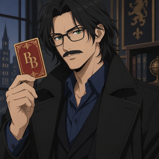 Male, green eyes, mustache, neat shoulder length black hair, black glasses, holding a red  and gold card that has two b’s on it , black trench coat, blue shirt