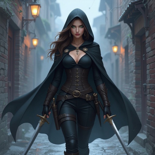 Human woman. Brown long hair and green big eyes. She wears a black cape. A tight black blouse and black pants. She has a belt on which he carries daggers and swords. She wears high, heavy boots. She carries a short sword. She has a long sword on his back. She wears a hood. It's night. A dark alley. The screen is from below. A woman approaches us. A cold expression appears on her face. An amber necklace gleams around her neck. She wearing black armor. The woman is pale. She has a delicate beauty. Her eyes are painted black. She looks menacing.