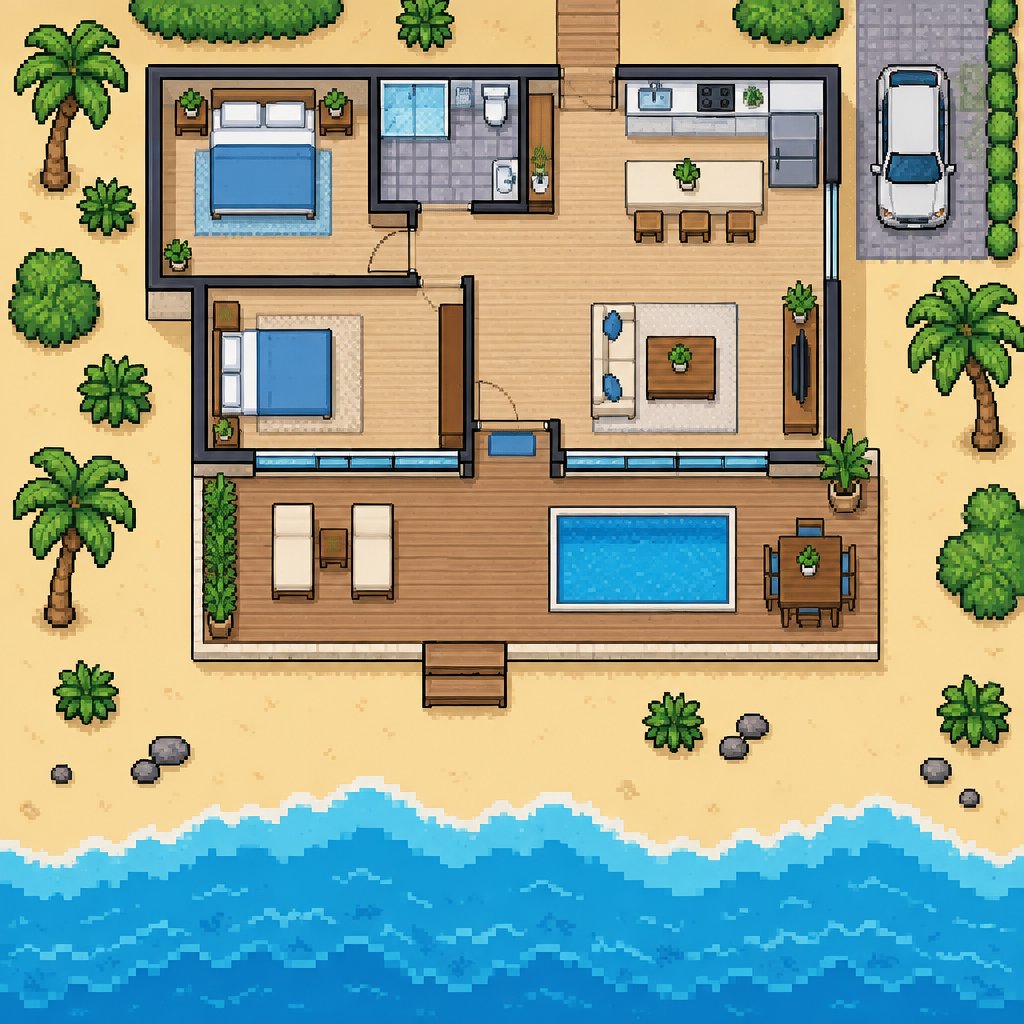 House on the beach for a fantasy game set in modern times, exterior, top down style