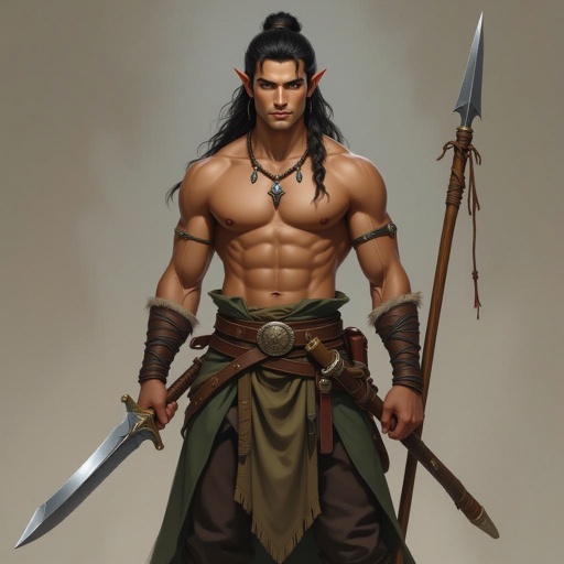 Male air genasi druid, 5’6, 130 pounds, brown eyes, black hair, tan skin, 20 years old, holding a curved sword and a spear 