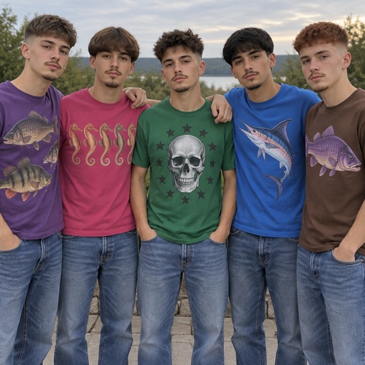 Teen Boy, Ash Brown Textured French Crop Mid Fade Hair, Pencil Mustache, Petit Goatee Beard, Carp Fish Perch Fish Printed Purple Shirt, Jeans & Teen Boy, Medium Brown Modern Bowl Cut Hair, Pencil Mustache, Goatee Beard, Five Seahorses Printed Ruby Pink Shirt, Jeans & Teen Boy, French Roast Spiky Crop Mid Fade Hair, Pencil Mustache, Goatee Beard, Skeleton Head Star Printed Green Shirt, Jeans & Teen Boy, Black Hair, Pencil Mustache, Goatee Beard, Ruby Pink Swordfish Printed Blue Shirt, Jeans & Teen Boy, Auburn Fade Hair, Pencil Mustache, Goatee Beard, Purple Carp Fish Printed Brown Shirt, Jeans