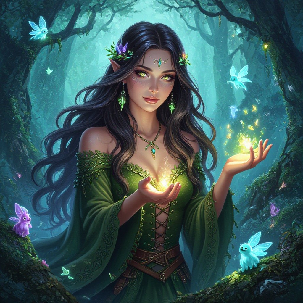 witch with long shimmering hair and skin and small creatures all around her 