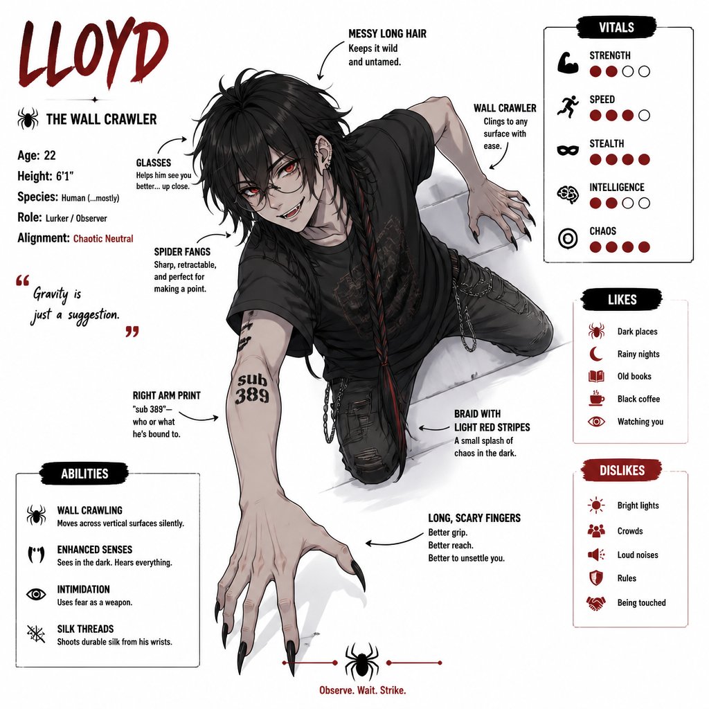 Anime white male, name Lloyd, hair messy long one braid,black hair with light red stripes,clean shaven,red eyes,long scary fingers spider fangs, glasses,earrings,wearing casual attire,sarcastic,sassy,laugh mockingly,traumatized,was a unwillingly experiment many years before getting rescued,no memory of his past ,has power of a spider,poisonous crawls on walls and ceiling,makes spider webs with his hands,can communicate and control spiders,on right arm a print says sub 389,doesn't remember anything from his past,very dangerous,special agency taking care of him.