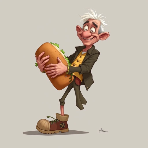 Make a tall but slickly guy, who is funny and clumsy and always looks lost. Make him have on some weird shoes also, have him like a sandwich bandit also 