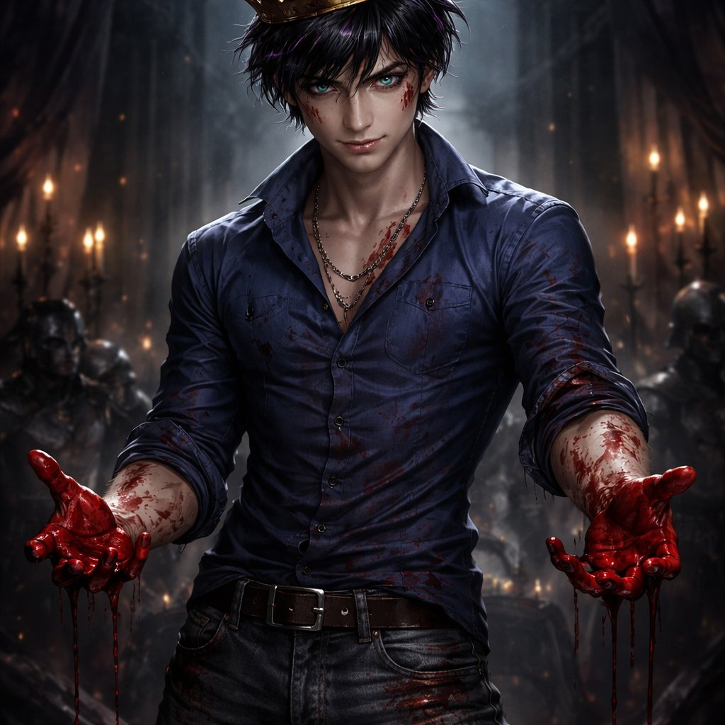 An 18 year old prince who has black hair with purple stripes and has blue eyes. He is wearing a blue shirt and jeans. He looks strong and confidant. His hands are covered in blood and he is smirking. He is wearing a golden crown.