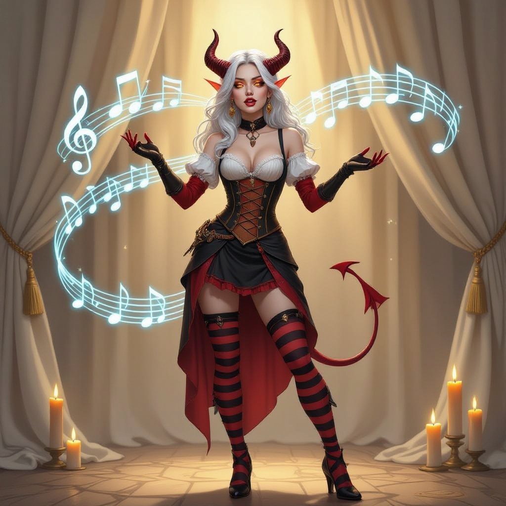 A semi-realistic fantasy portrait of Evangeline Ivey, the Fierna Tiefling Bard of the College of Glamour, captured mid-performance on her candlelit stage.  She stands full-body beneath soft golden light, ivory curtains draped behind her, and glowing blue musical notes spiraling through the air as if alive with her magic. Her porcelain-pale skin (#F3EDEB) gleams in the warm light, contrasting against her long silver-white hair (#D6D6DA) cascading around her shoulders. Her amber-gold eyes (#C88C21) are wide with theatrical expression, her mouth open in mid-song or gasp. Dark brown ridged horns (#4A3A2C) curve elegantly from her brow, and her pale devil’s tail curls behind her, tipped red-and-black like an exclamation mark of performance.  Outfit — “Infernal Mime” Parody Costume: • Black-and-deep-red striped bodice with suspenders and gold buckles • Short flared skirt trimmed with faint gold edge • Matching striped thigh-high stockings and long fingerless gloves • Red silk neck scarf tied neatly at her throat • Black heeled shoes and beret with her horns peeking through  Scene & Lighting: Warm candlelight and soft shadows create a theatrical glow across the stage floor and her form. The air is alive with faint magical motes shaped like music notes, curling around her in shimmering blue light.  Mood & Expression: Expressive, whimsical, and dramatic — a parody of classic mimes infused with bardic flair. Evangeline’s pose is mid-gesture, both hands raised as if she’s frozen between song and spell, her eyes alight with mischievous emotion and glamourous command.