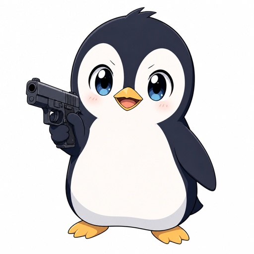 Ein kleiner Pinguin, der eine Waffe in der Hand hält