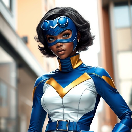 A teenage African American female superhero wearing a domino style mask with slightly curly hair in a shoulder length side part style wearing a polyester and cloth white and blue suit with gold accents a skin tight collar blue pants and a stylized V as her chest emblem a utility belt and blue boot heel less
