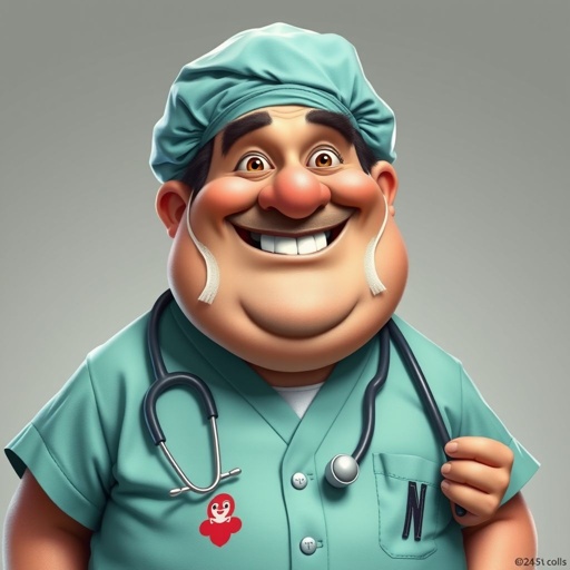 .. create a fat doctor. Who is funny human looking from head to toe. And he always immediately results to surgery for anything even small things. So please be sure to show his whole outfit head to toe. Make him have 1 tooth. Make it more adult humor instead of cartoon humor.