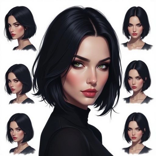 Show character head to toe. Create a mid age mysterious woman jet-black hair is cut sharpand her eyes seem to pierce through darkness. A shadowy aura clings to her form,