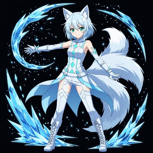 A pale teenage girl. Aqua green eyes wearing a white top and trousers with light blue diamonds. Short white hair with a singular snow fox tail and two ears. Wears long gloves and boots conducting ice with a black background