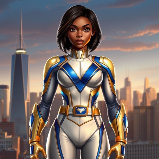 A teenage African American female superhero with hair in a shoulder length side part style wearing a slightly armored white and Gold suit with blue accents and a stylized V as her chest emblem a utility belt and gold boots standing in Philadelphia