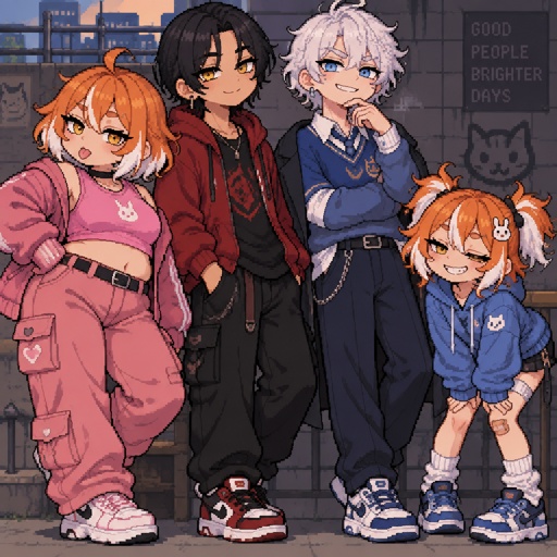 Female, teen, short orange hair white tips, slightly chubby, yellow eyes, wears pink, sassy, Male, smile, Asian, smile, neck length black hair, yellow eyes, eyeliner, wears red casual clothes, small mouth, Male, fluffy white hair, big blue eyes, irritated, long smile, snobby, wears blue, Female, smile, yellow eyes, orange and white messy pigtails, short, wears blue, one droopy eyelid